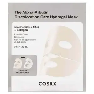 COSRX Arbutin Discoloration Hydrogel Mask sejas toni izlīdzinoša un mitrinoša maska.